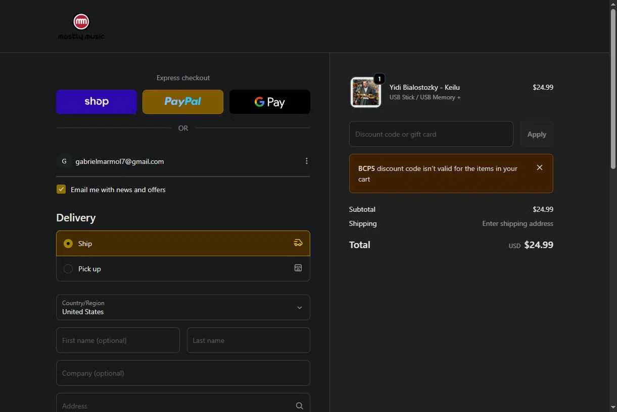 Mostly Music checkout page showing Mostly Music promo code box | Screenshot taken by SimplyCodes community member on Feb 20, 2026