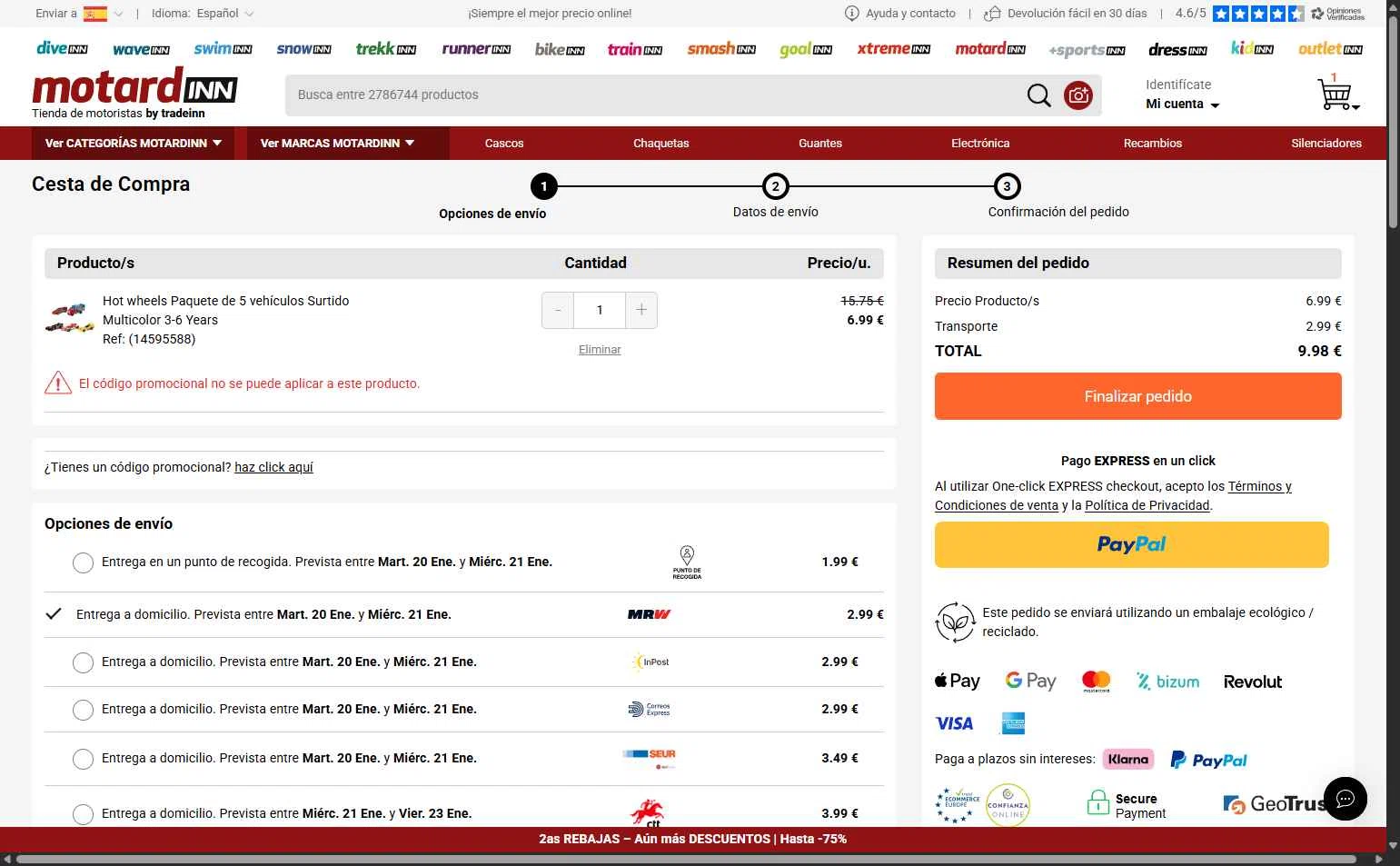 Motardinn checkout page showing Motardinn promo code box | Screenshot taken by SimplyCodes community member on Jan 19, 2026