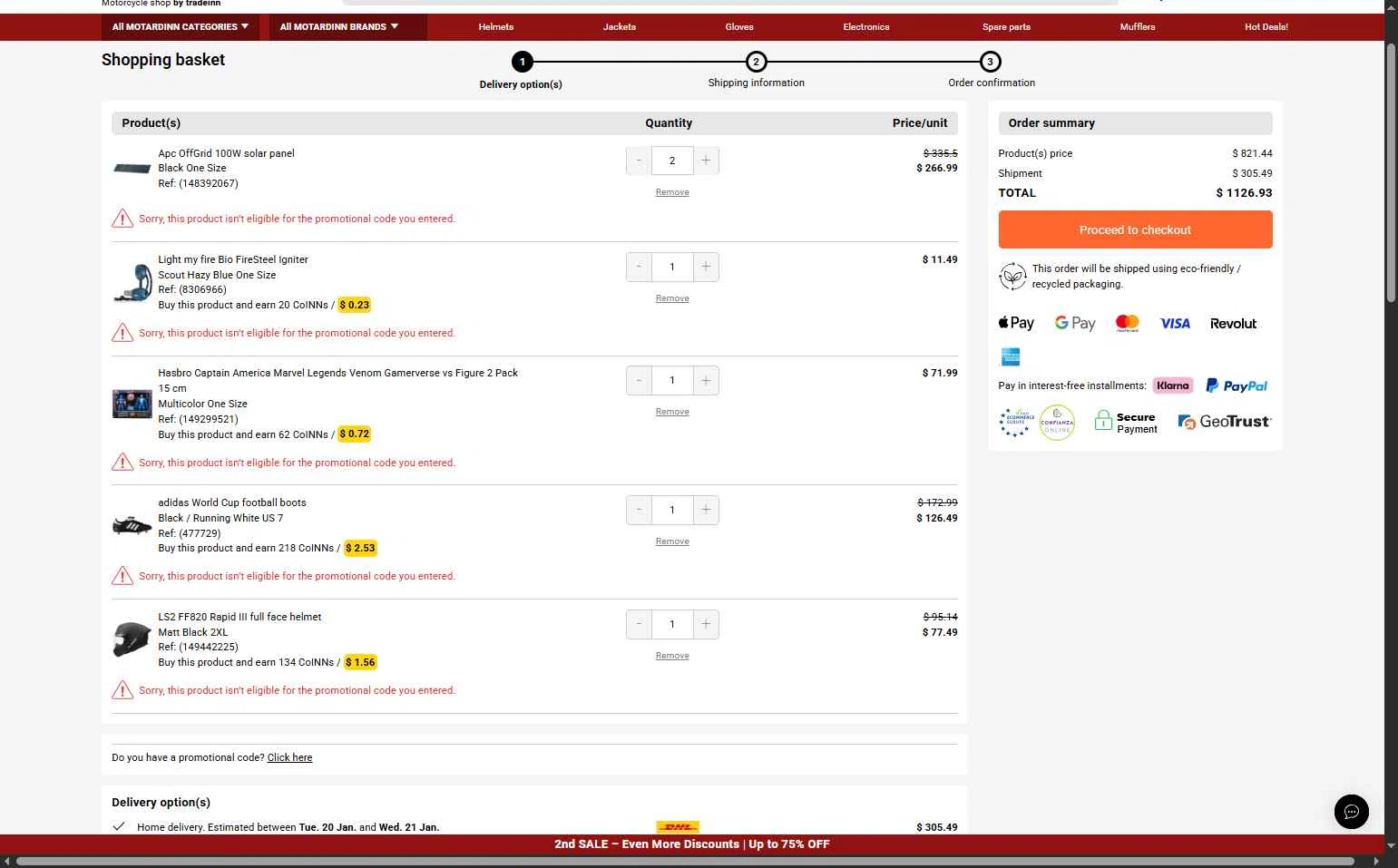 Motardinn checkout page showing Motardinn promo code box | Screenshot taken by SimplyCodes community member on Jan 18, 2026