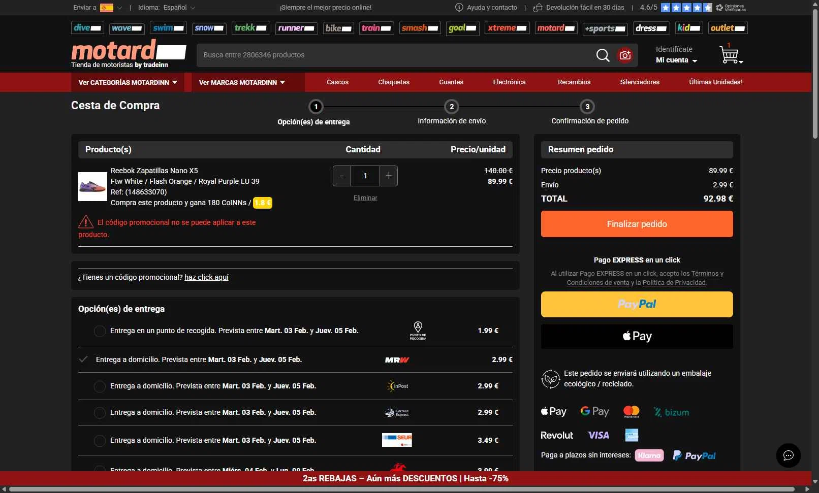Motardinn checkout page showing Motardinn promo code box | Screenshot taken by SimplyCodes community member on Feb 2, 2026