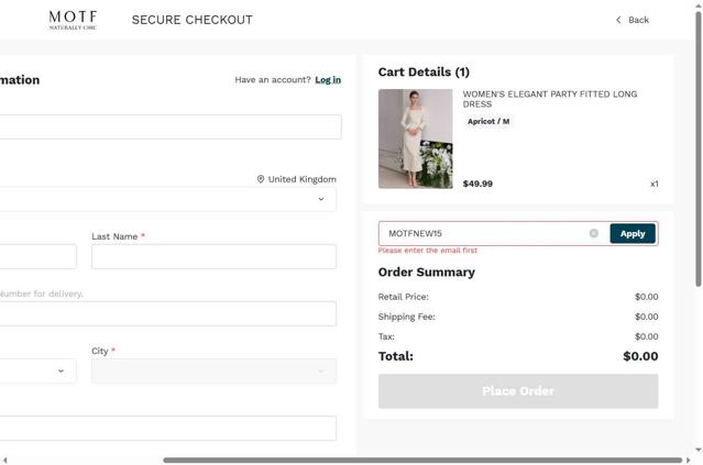 MOTF checkout page showing MOTF promo code box | Screenshot taken by SimplyCodes community member on May 10, 2025