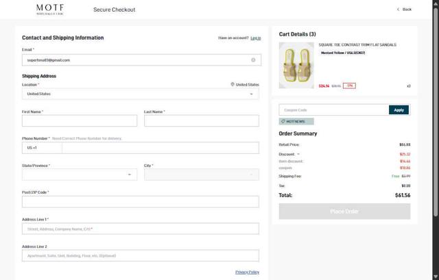 MOTF checkout page showing MOTF promo code box | Screenshot taken by SimplyCodes community member on Aug 7, 2025