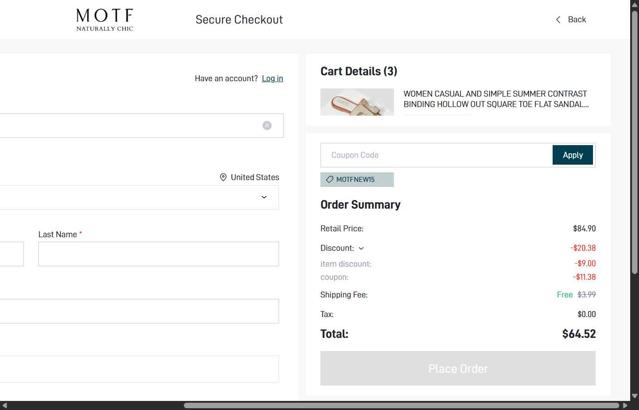 MOTF checkout page showing MOTF promo code box | Screenshot taken by SimplyCodes community member on Aug 20, 2025