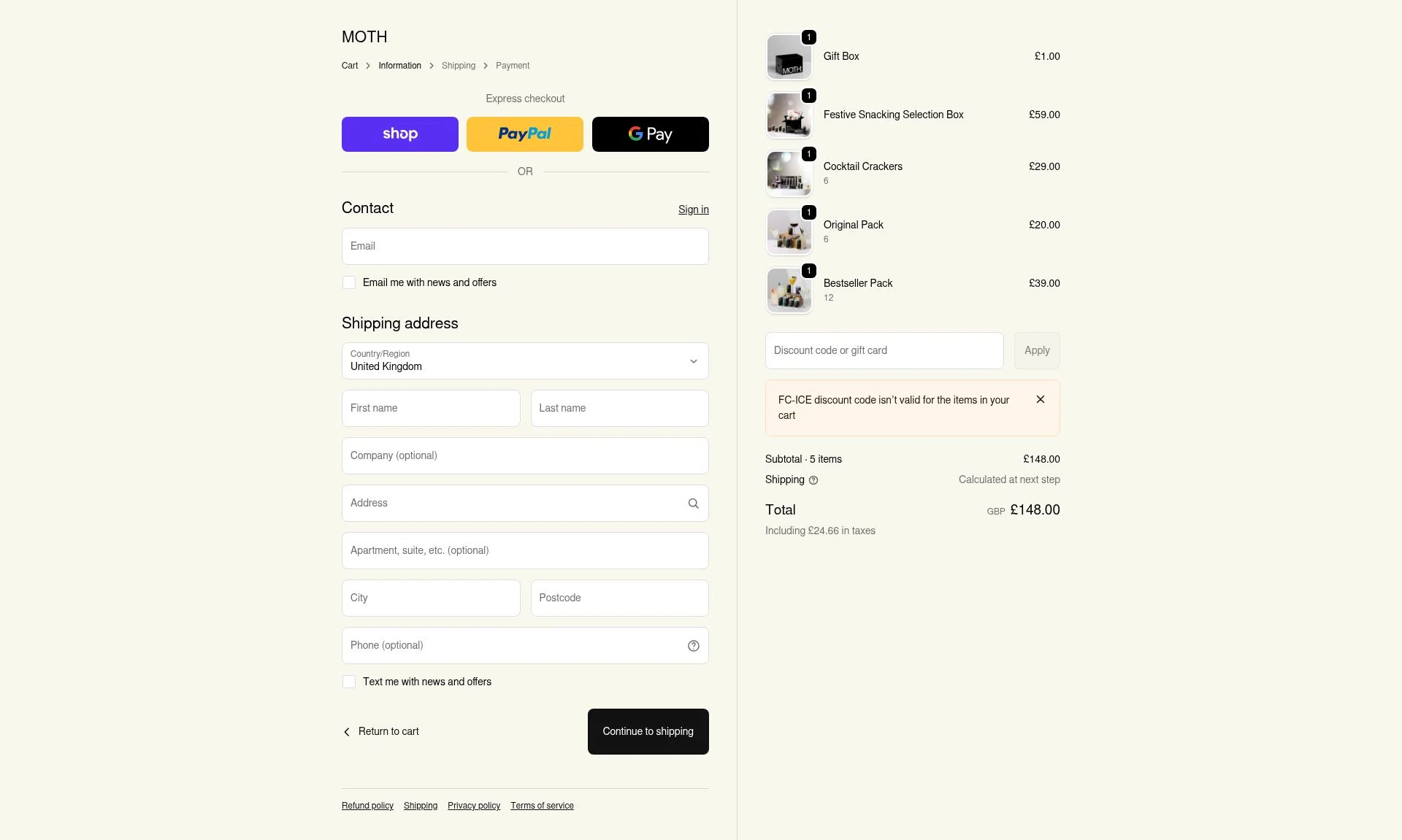 Moth Drinks checkout page showing Moth Drinks discount code box | Screenshot taken by SimplyCodes community member on Jan 27, 2026