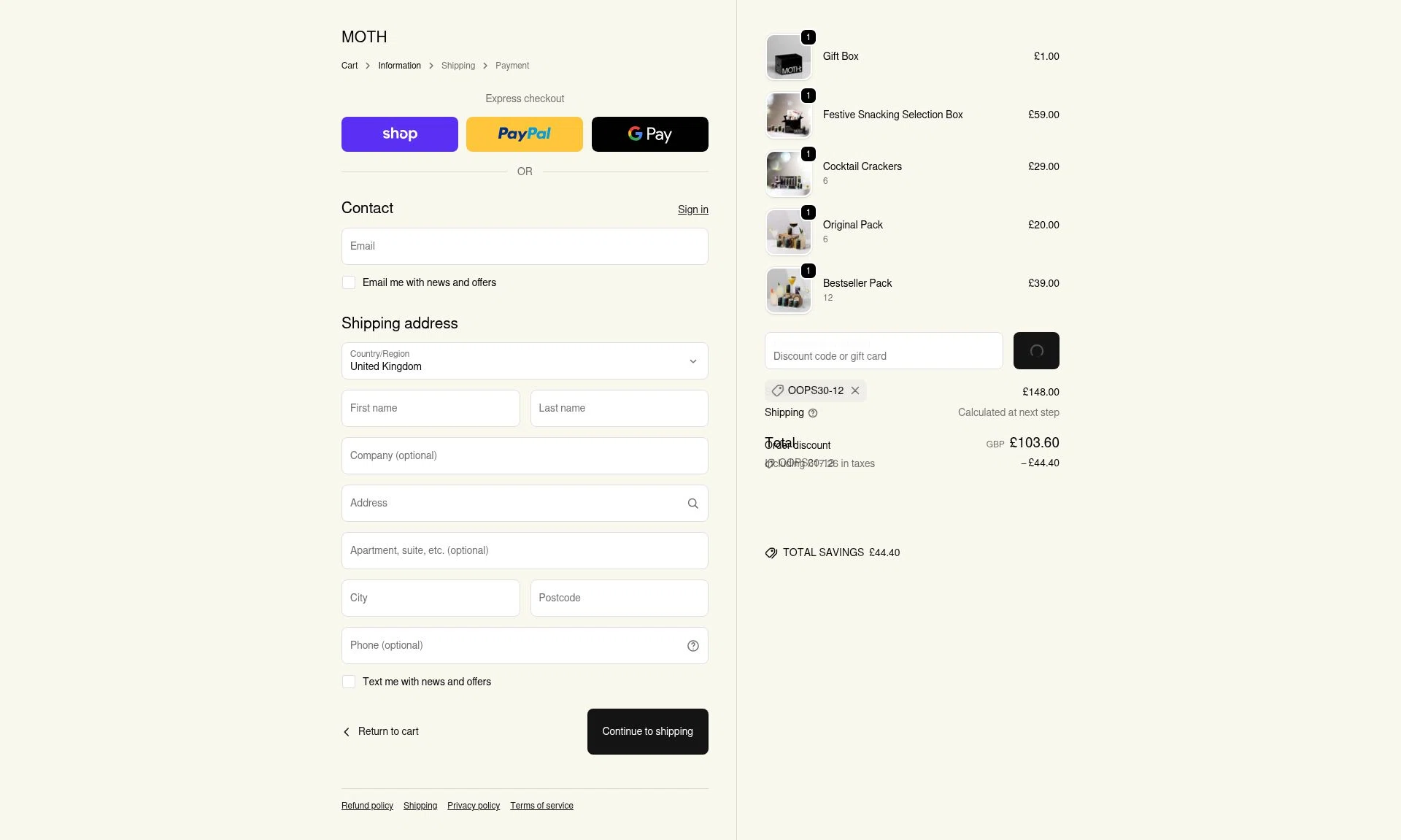 Moth Drinks checkout page showing Moth Drinks discount code box | Screenshot taken by SimplyCodes community member on Feb 1, 2026