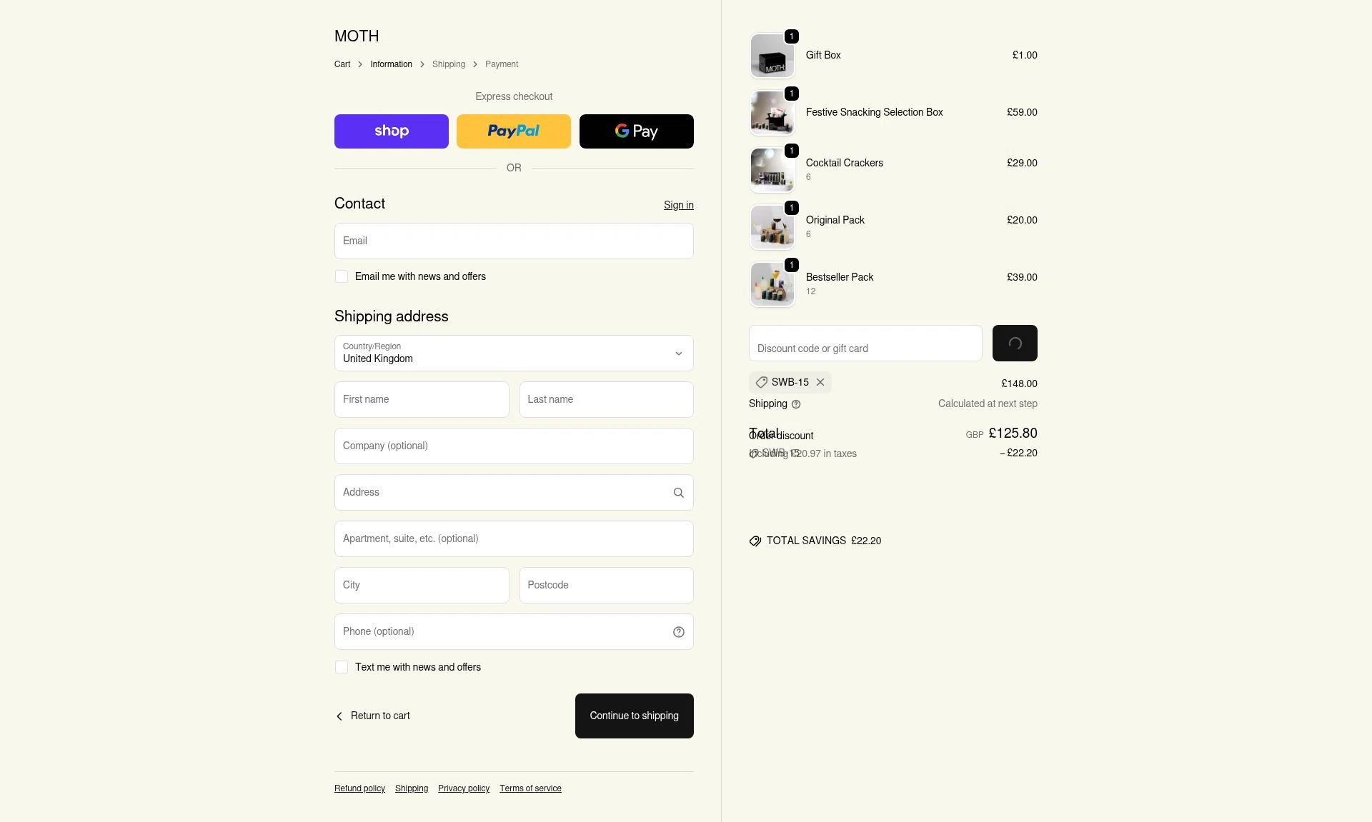 Moth Drinks checkout page showing Moth Drinks discount code box | Screenshot taken by SimplyCodes community member on Jan 27, 2026