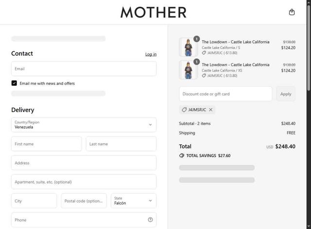 Mother Denim checkout page showing Mother Denim promo code box | Screenshot taken by SimplyCodes community member on Jul 5, 2025