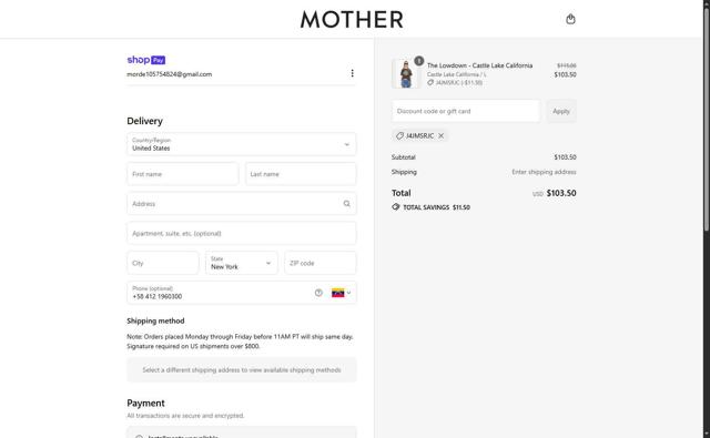 Mother Denim checkout page showing Mother Denim promo code box | Screenshot taken by SimplyCodes community member on Jul 5, 2025