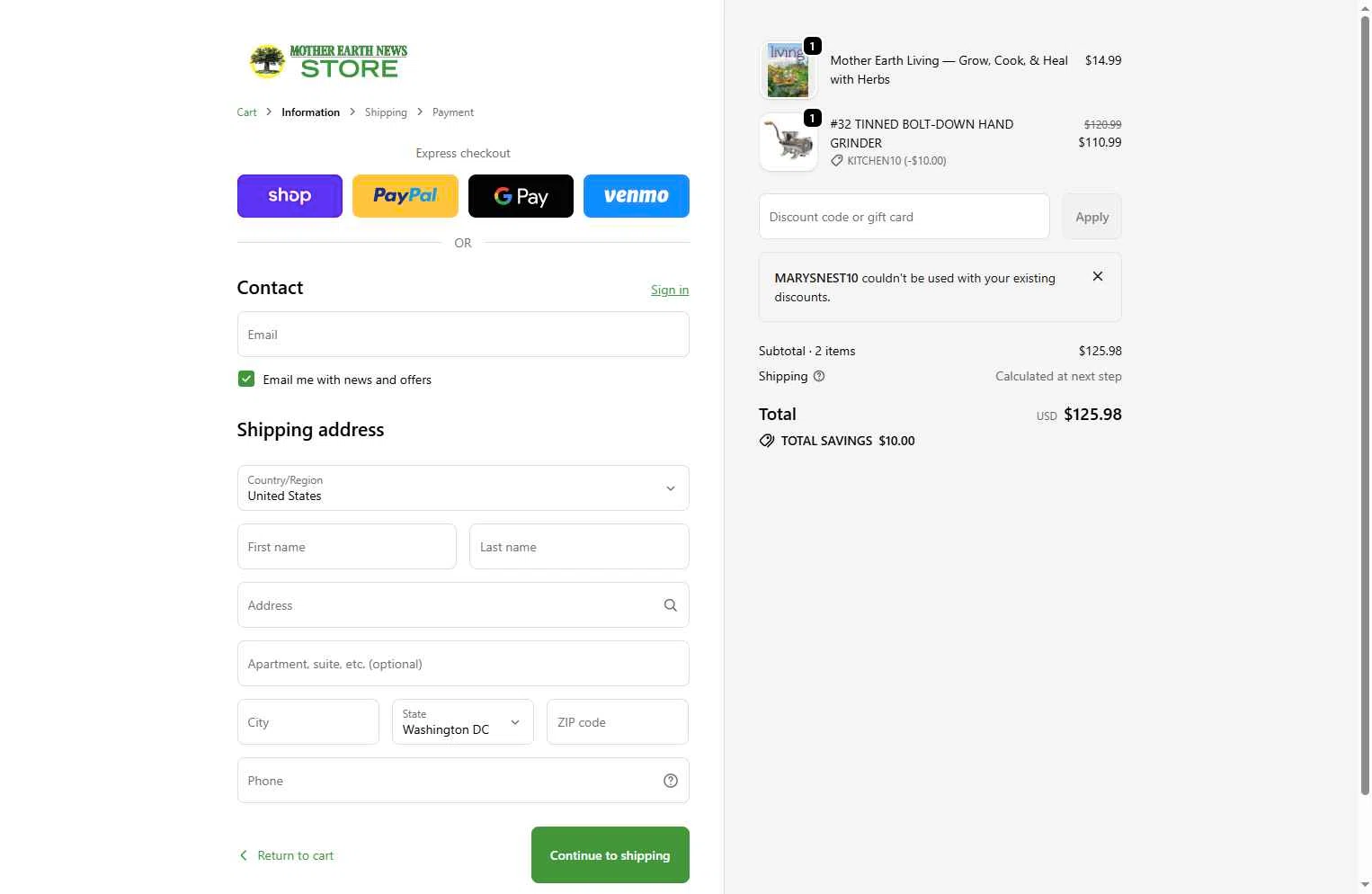 MOTHER EARTH NEWS checkout page showing MOTHER EARTH NEWS promo code box | Screenshot taken by SimplyCodes community member on Dec 30, 2025