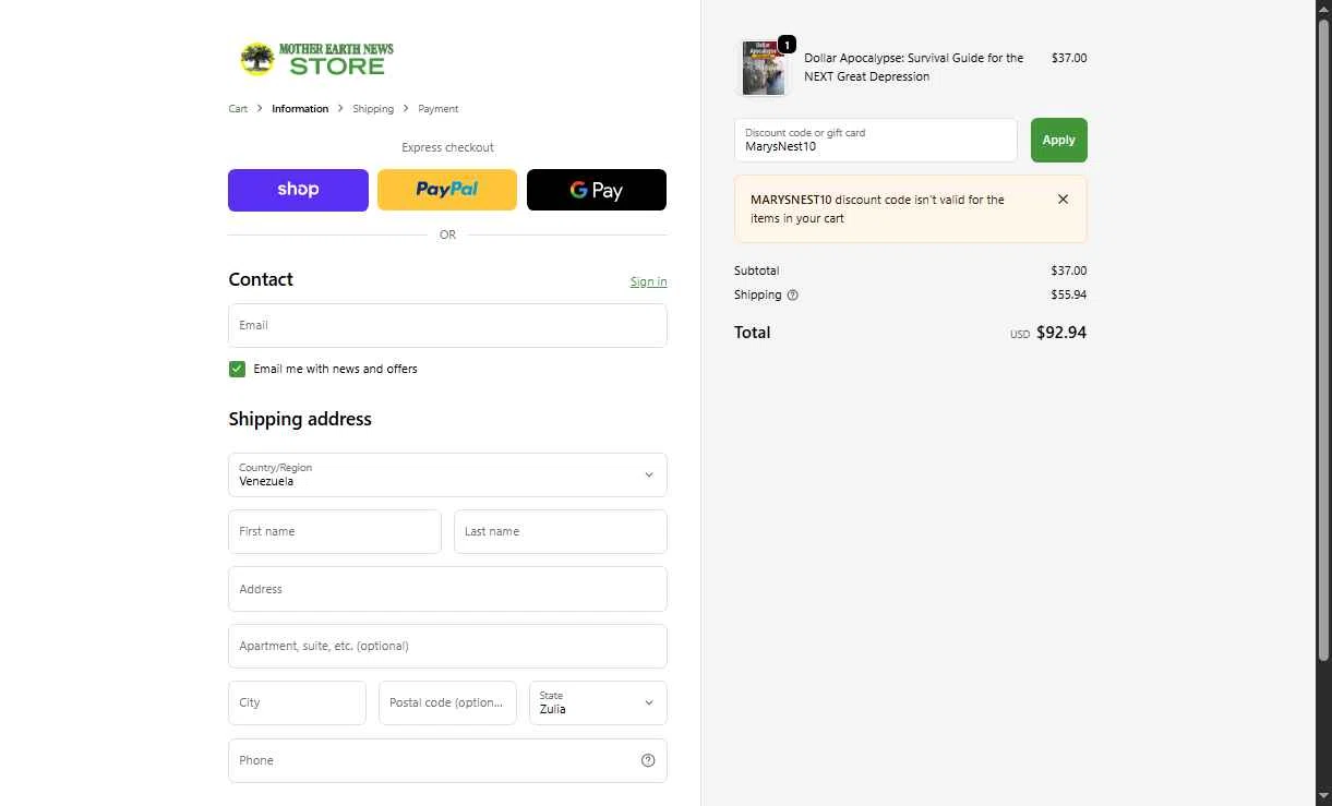 MOTHER EARTH NEWS checkout page showing MOTHER EARTH NEWS promo code box | Screenshot taken by SimplyCodes community member on Dec 1, 2025