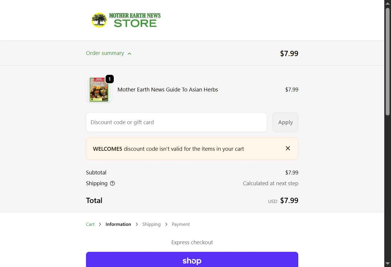 MOTHER EARTH NEWS checkout page showing MOTHER EARTH NEWS promo code box | Screenshot taken by SimplyCodes community member on Dec 30, 2025
