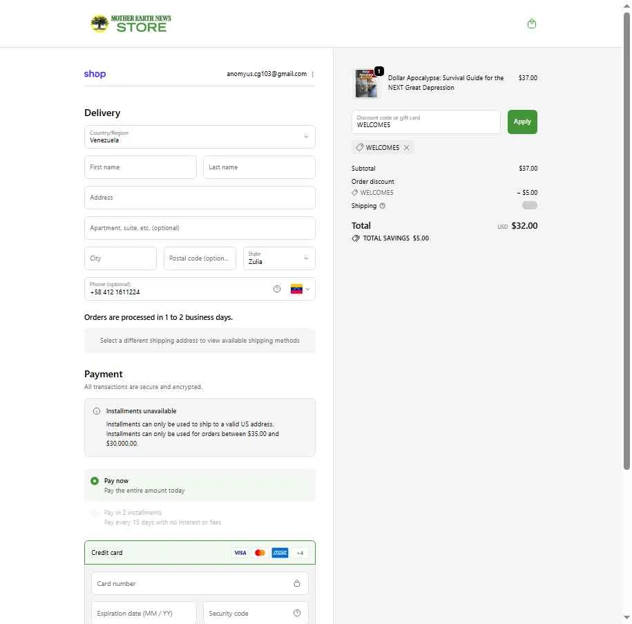 MOTHER EARTH NEWS checkout page showing MOTHER EARTH NEWS promo code box | Screenshot taken by SimplyCodes community member on Dec 1, 2025