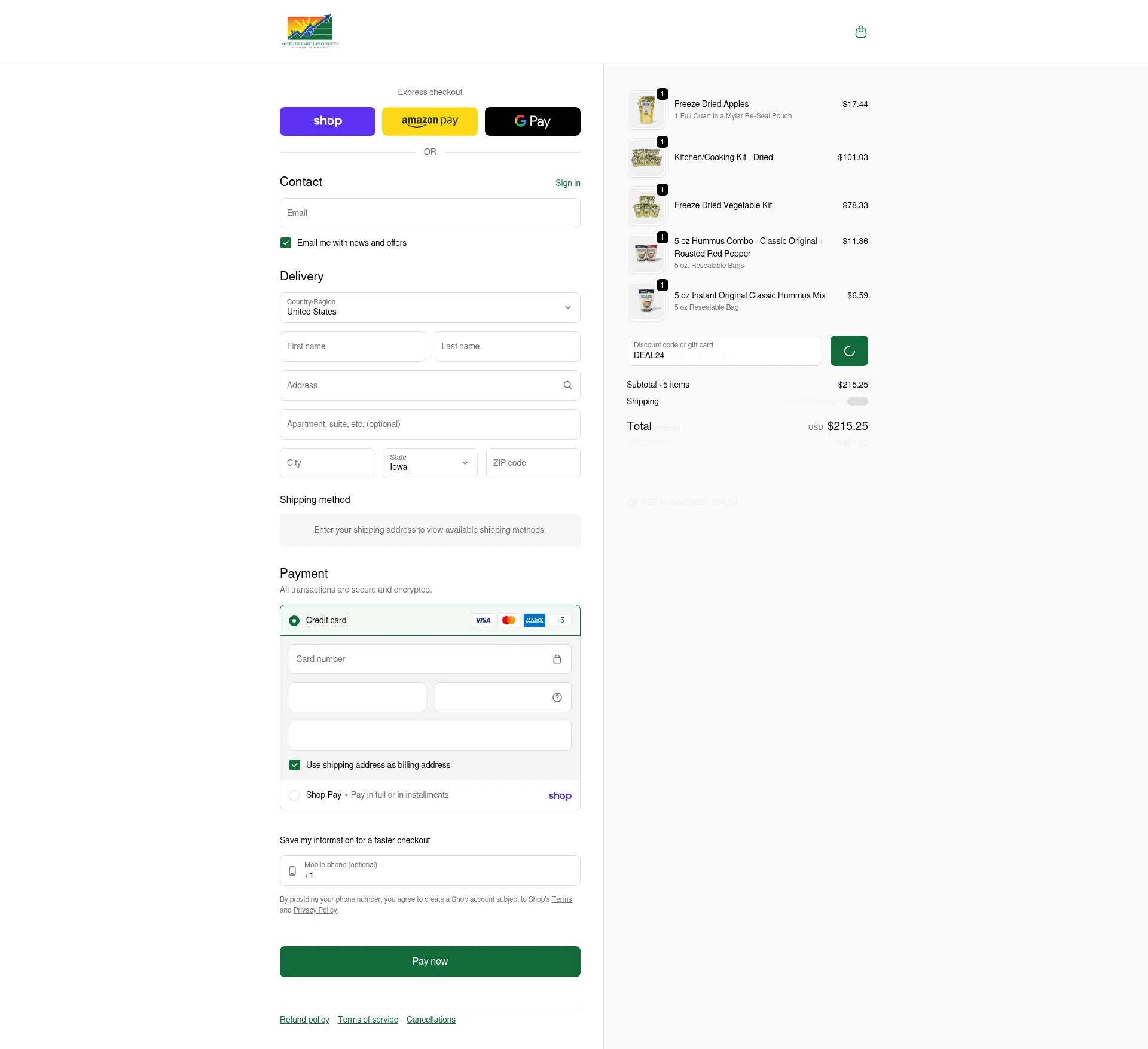 Mother Earth Products checkout page showing Mother Earth Products discount code box | Screenshot taken by SimplyCodes community member on Feb 6, 2026