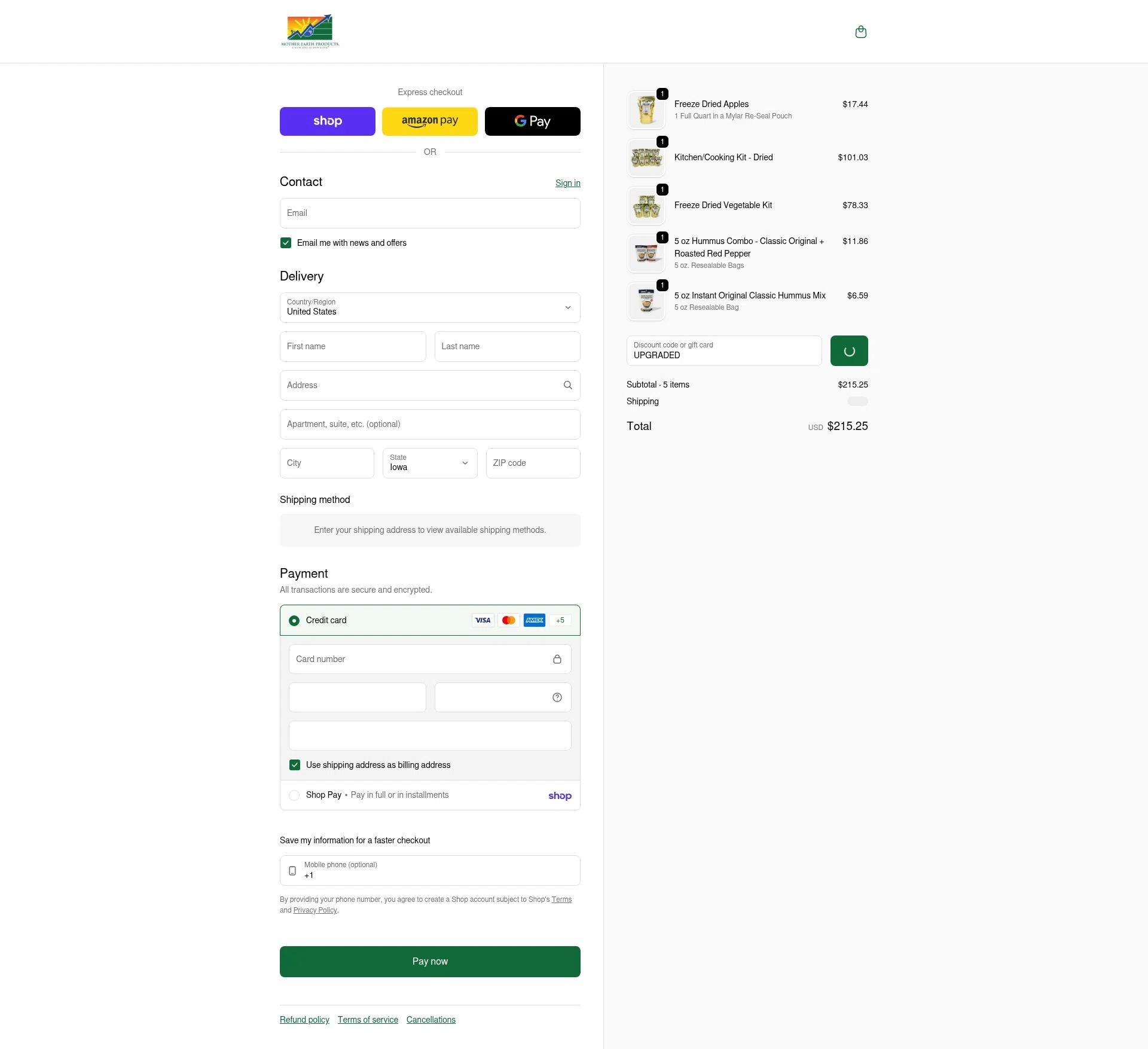 Mother Earth Products checkout page showing Mother Earth Products discount code box | Screenshot taken by SimplyCodes community member on Feb 6, 2026