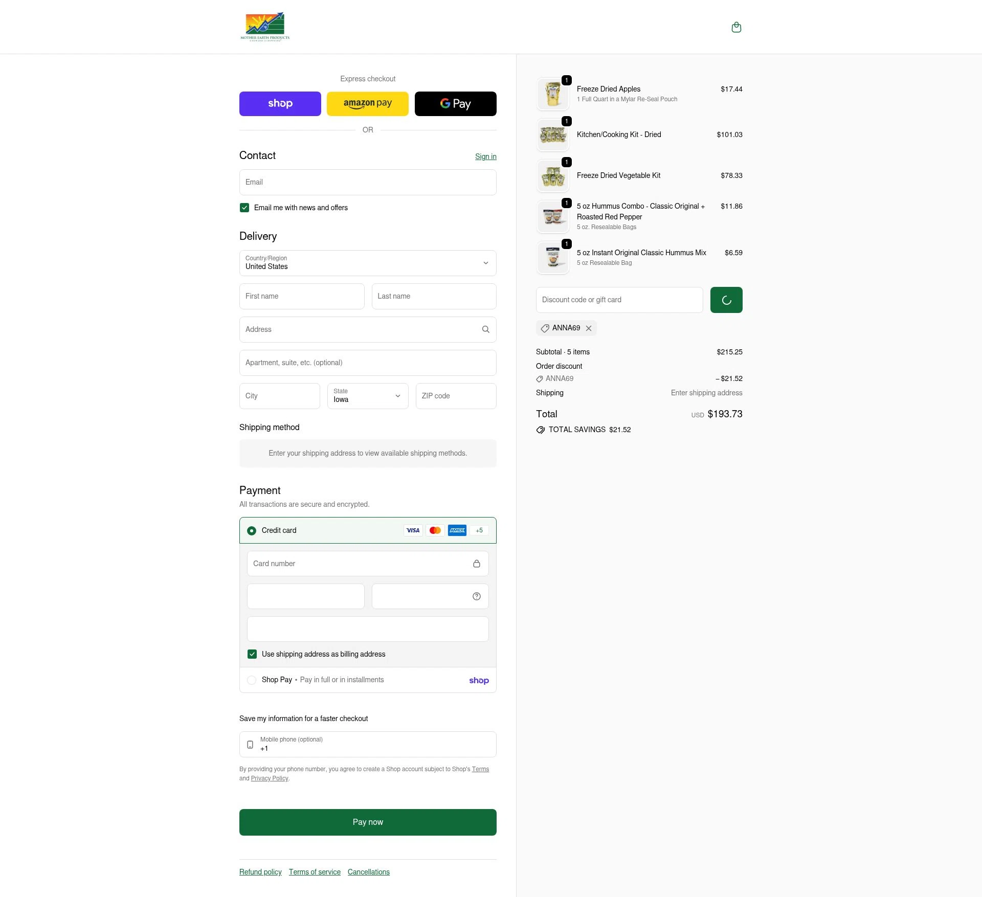 Mother Earth Products checkout page showing Mother Earth Products discount code box | Screenshot taken by SimplyCodes community member on Feb 6, 2026