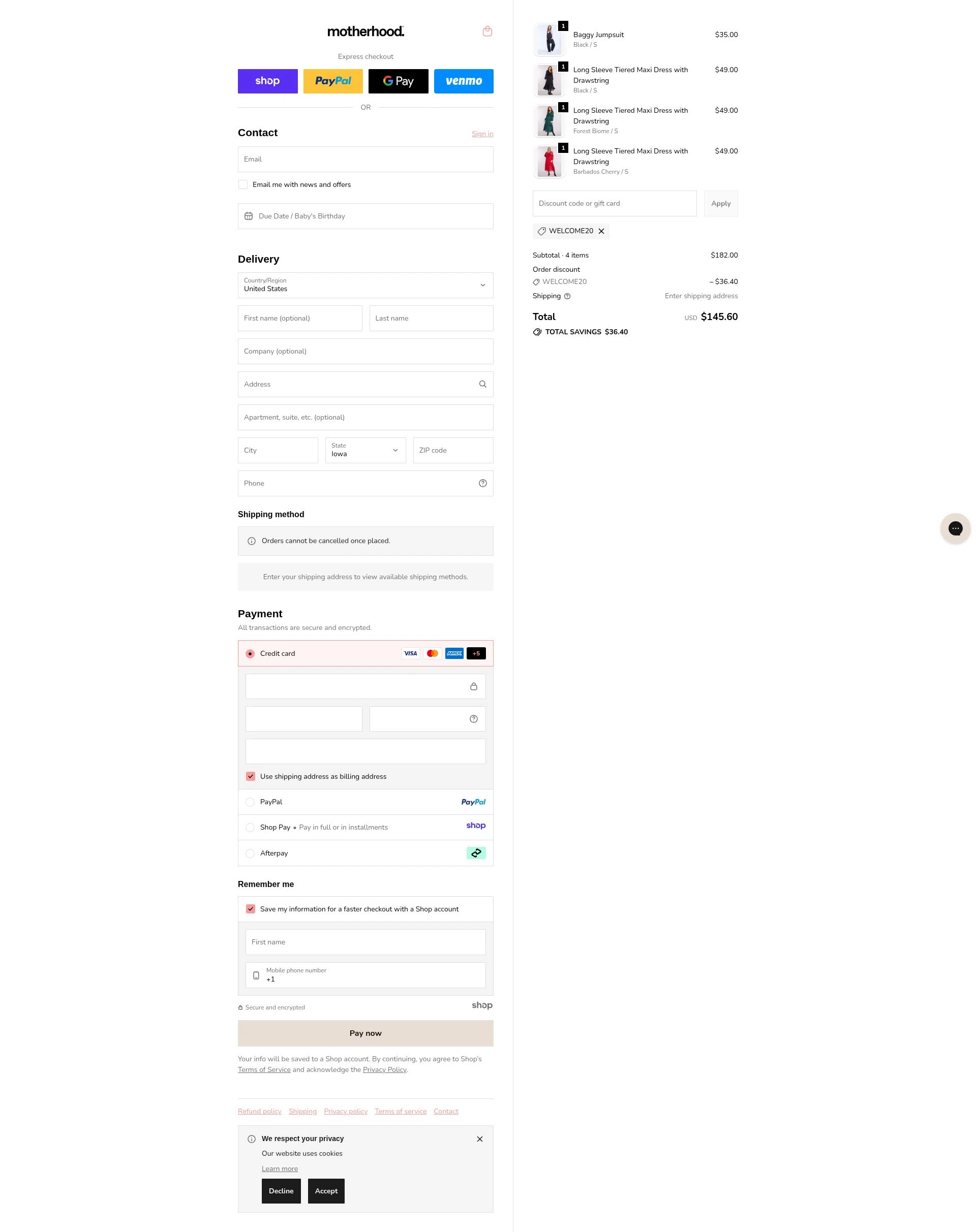 Motherhood checkout page showing Motherhood promo code box | Screenshot taken by SimplyCodes community member on Dec 11, 2025