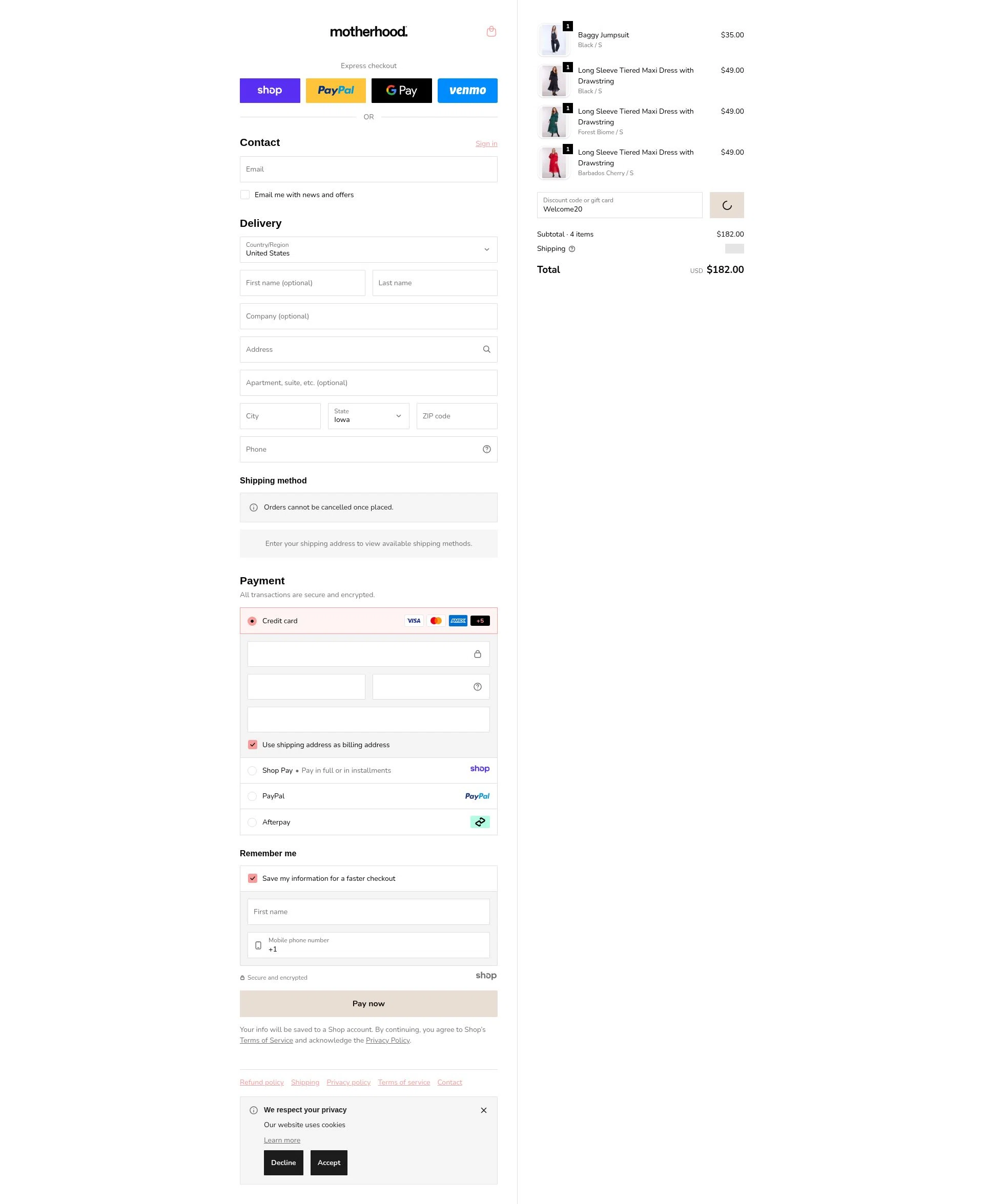 Motherhood checkout page showing Motherhood promo code box | Screenshot taken by SimplyCodes community member on Dec 23, 2025