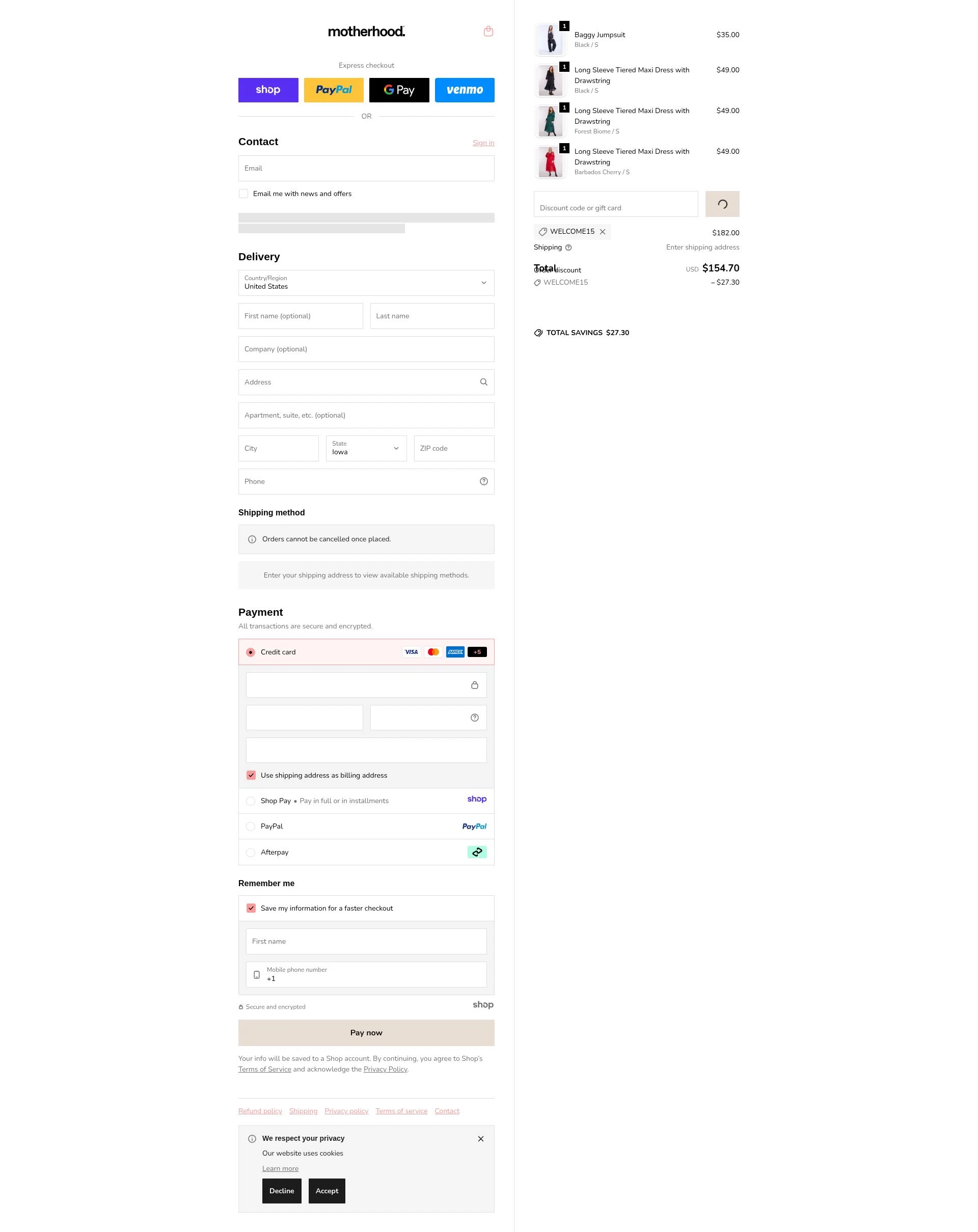 Motherhood checkout page showing Motherhood promo code box | Screenshot taken by SimplyCodes community member on Dec 28, 2025