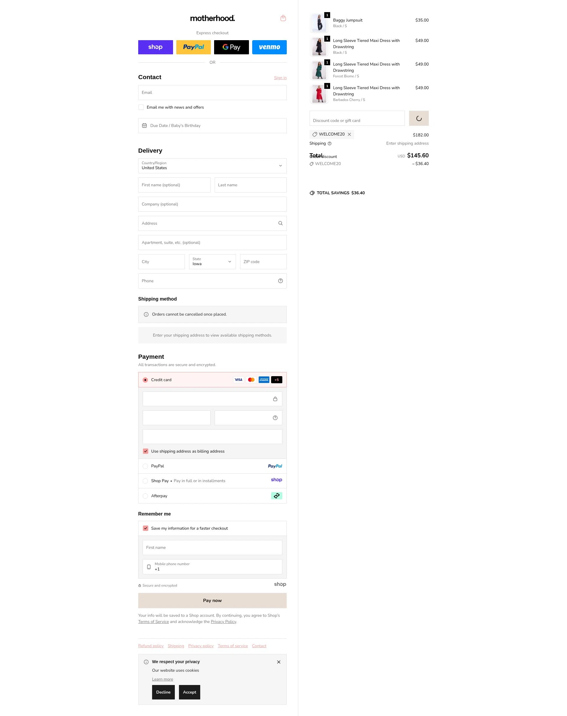 Motherhood checkout page showing Motherhood promo code box | Screenshot taken by SimplyCodes community member on Dec 16, 2025