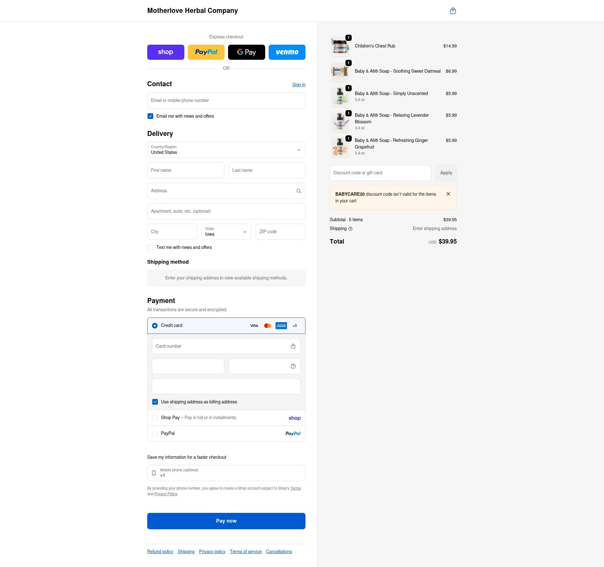 Motherlove checkout page showing Motherlove discount code box | Screenshot taken by SimplyCodes community member on Feb 7, 2026