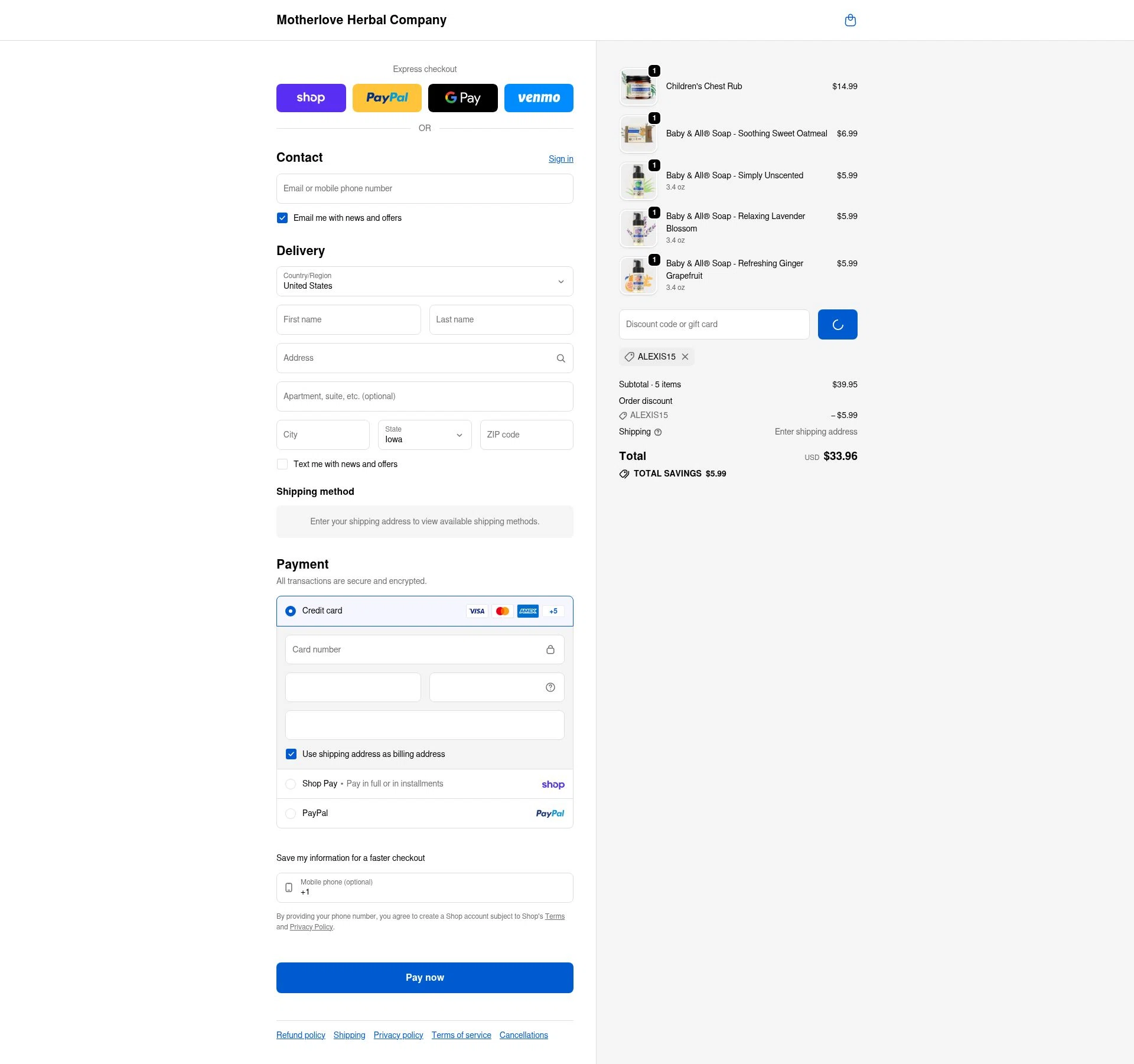 Motherlove checkout page showing Motherlove discount code box | Screenshot taken by SimplyCodes community member on Feb 7, 2026