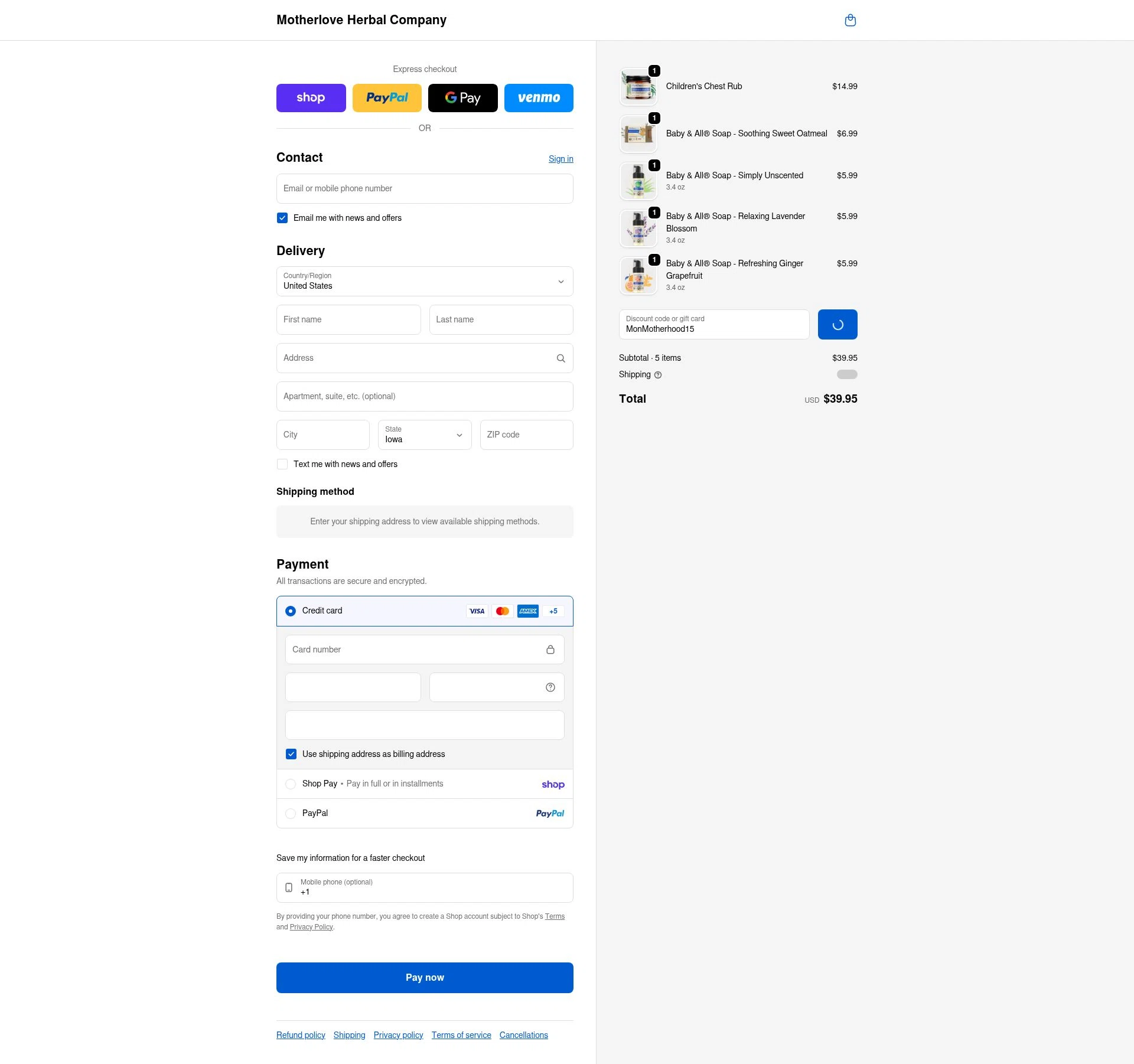 Motherlove checkout page showing Motherlove discount code box | Screenshot taken by SimplyCodes community member on Feb 7, 2026