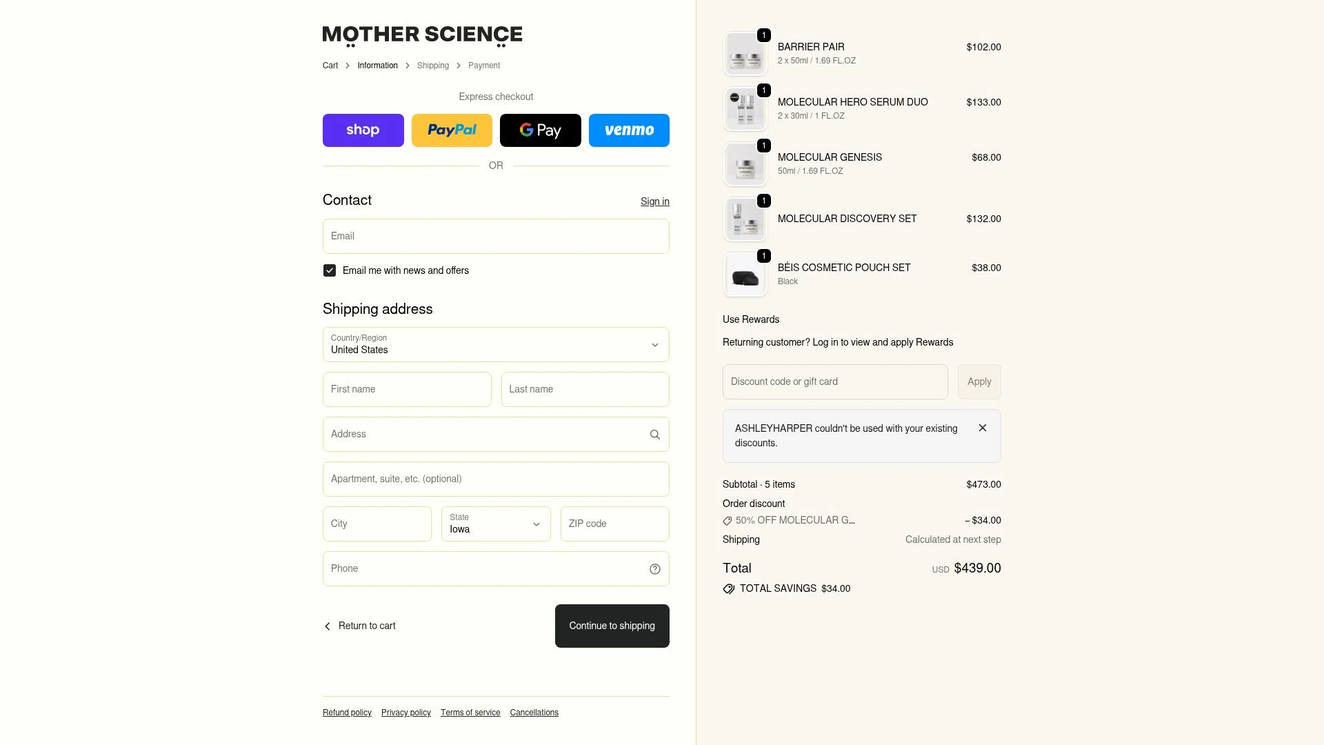 Mother Science checkout page showing Mother Science discount code box | Screenshot taken by SimplyCodes community member on Dec 29, 2025