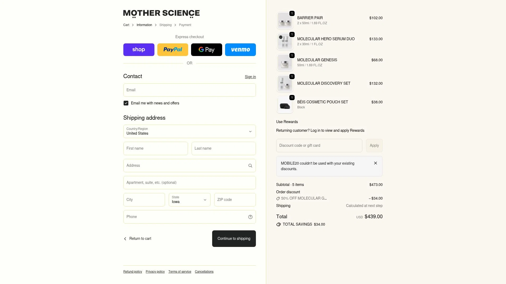 Mother Science checkout page showing Mother Science discount code box | Screenshot taken by SimplyCodes community member on Dec 29, 2025