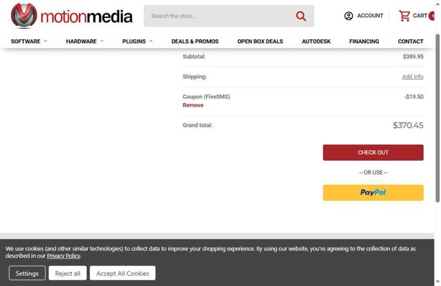 Motion Media checkout page showing Motion Media coupon code box | Screenshot taken by SimplyCodes community member on Jul 30, 2025