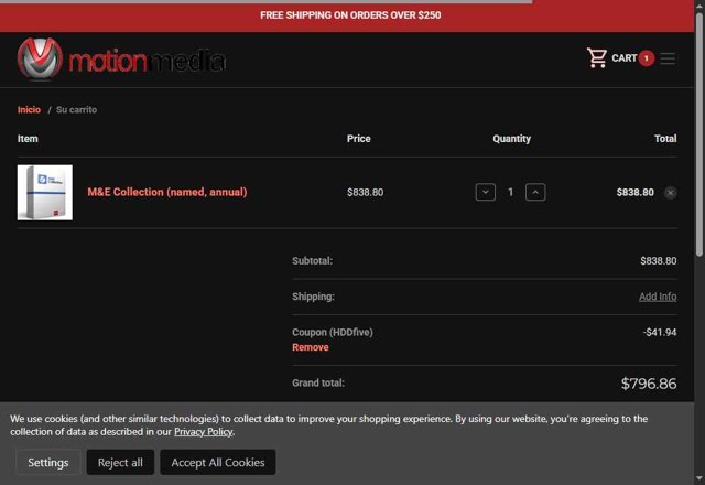 Motion Media checkout page showing Motion Media coupon code box | Screenshot taken by SimplyCodes community member on Jul 4, 2025