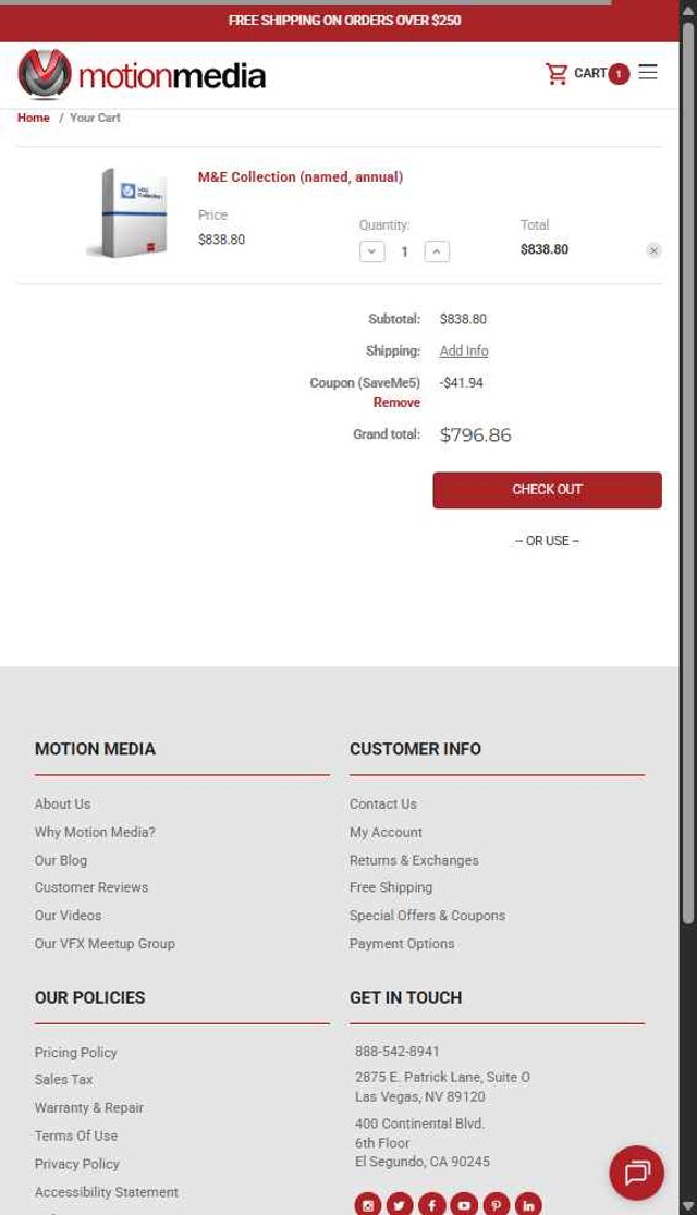 Motion Media checkout page showing Motion Media coupon code box | Screenshot taken by SimplyCodes community member on Aug 31, 2025