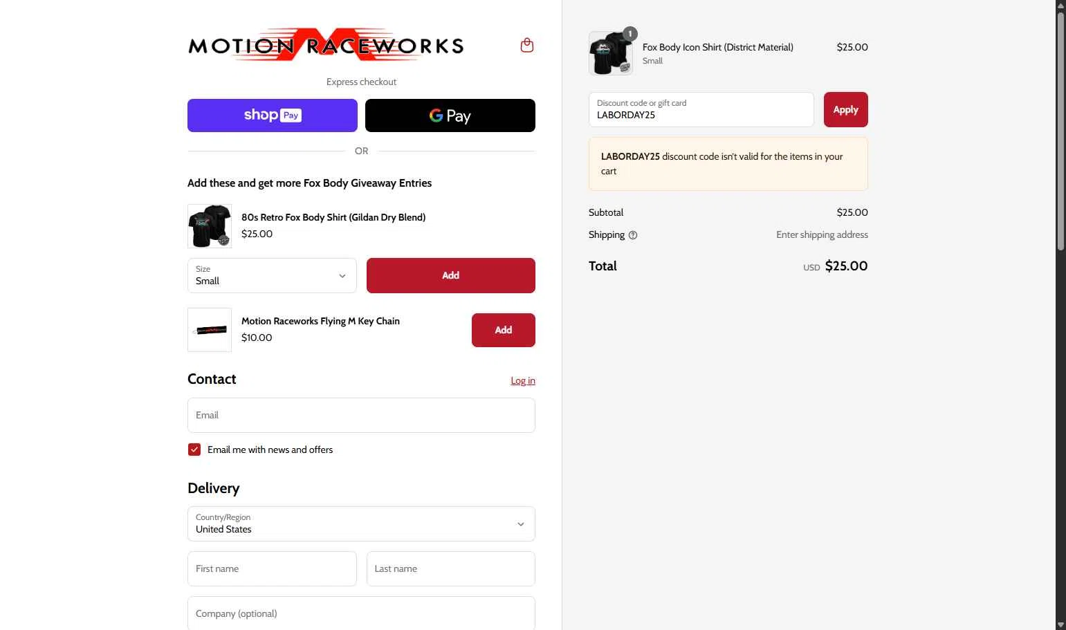 Motion Raceworks checkout page showing Motion Raceworks discount code box | Screenshot taken by SimplyCodes community member on Aug 28, 2025
