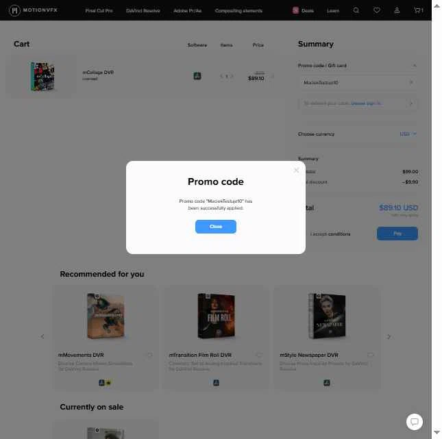 motionVFX checkout page showing motionVFX promo code box | Screenshot taken by SimplyCodes community member on Jan 23, 2026