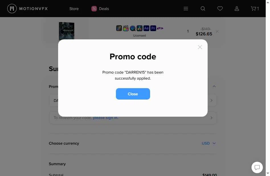 motionVFX checkout page showing motionVFX promo code box | Screenshot taken by SimplyCodes community member on Jan 5, 2026
