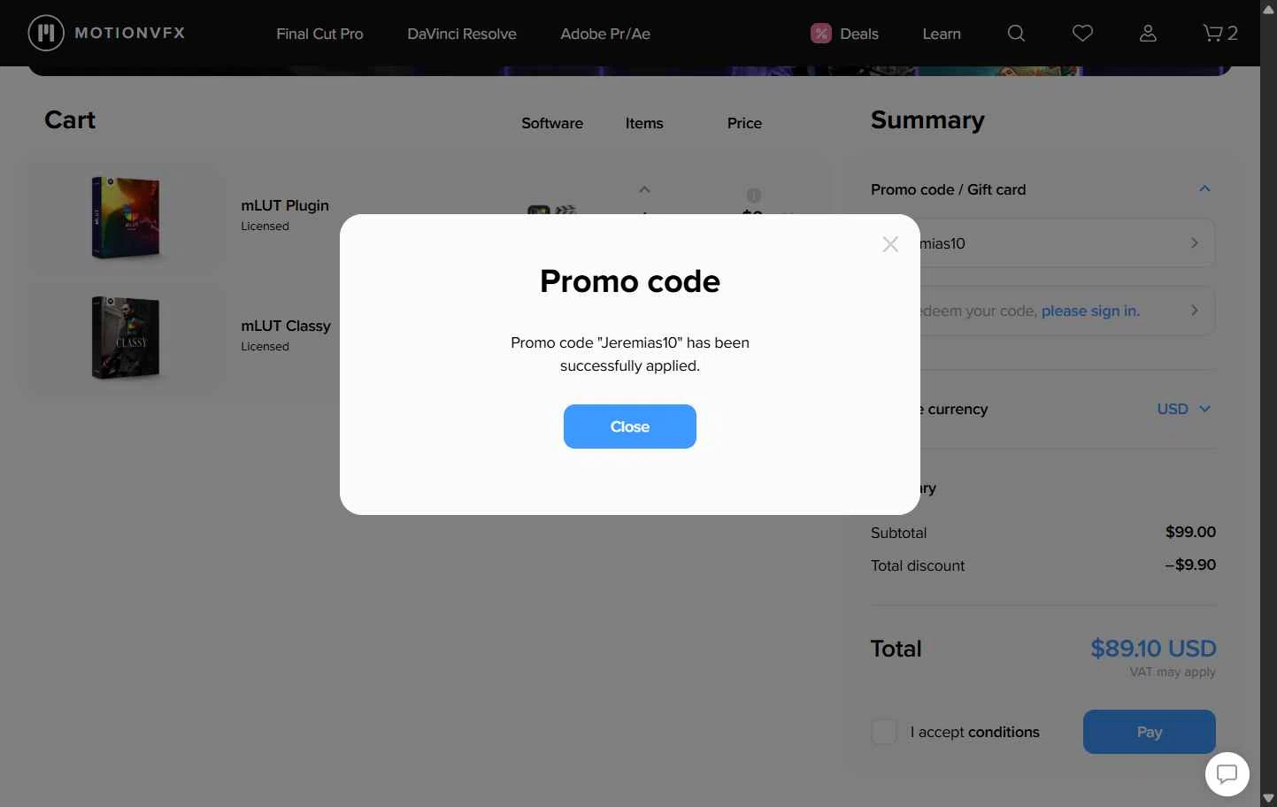 motionVFX checkout page showing motionVFX promo code box | Screenshot taken by SimplyCodes community member on Dec 12, 2025