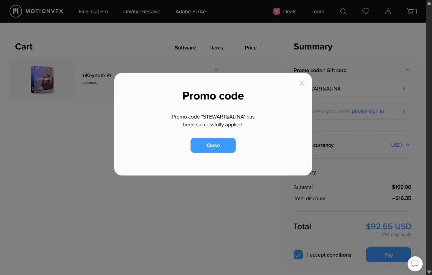 motionVFX checkout page showing motionVFX promo code box | Screenshot taken by SimplyCodes community member on Dec 21, 2025