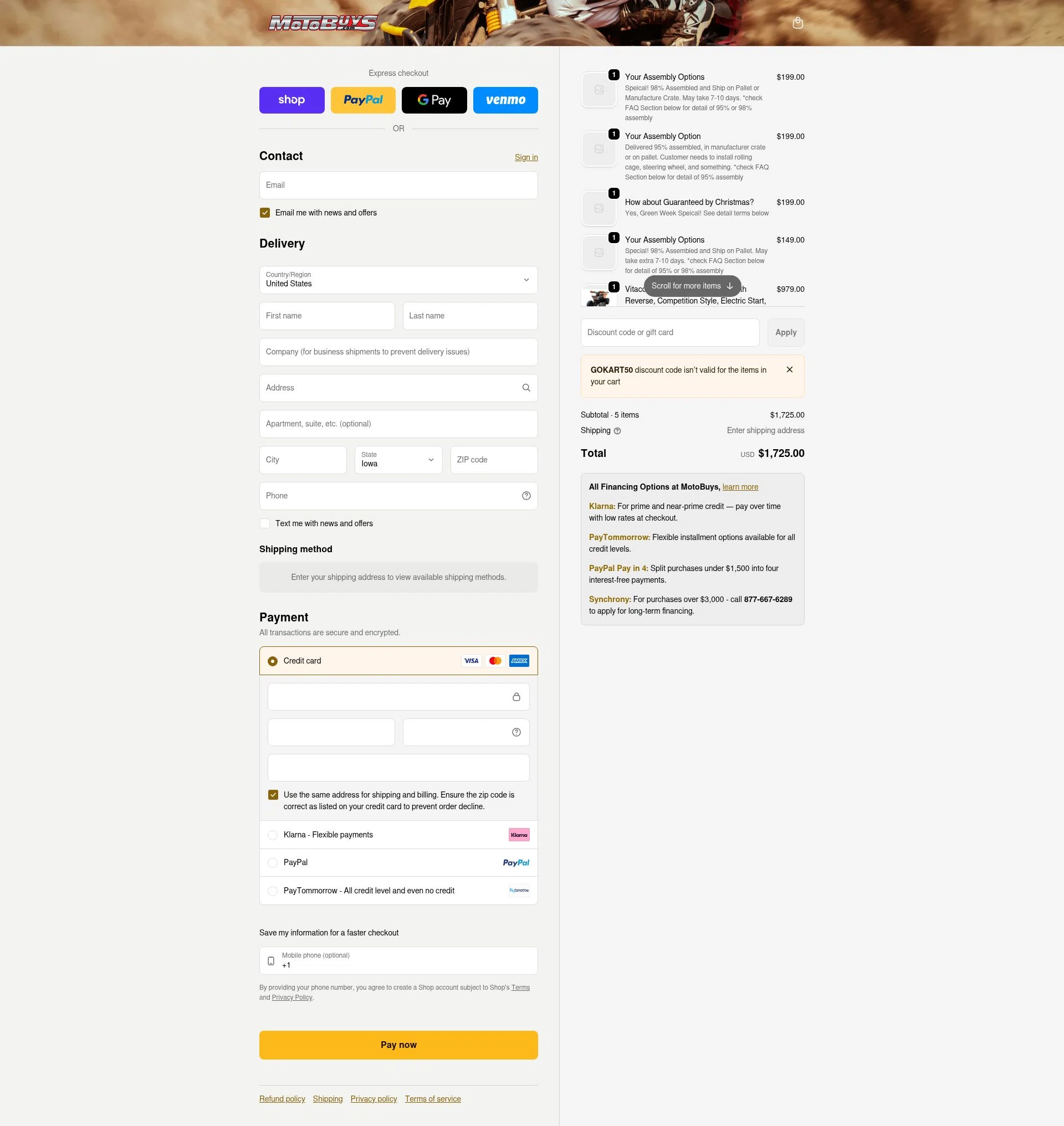 Motobuys checkout page showing Motobuys discount code box | Screenshot taken by SimplyCodes community member on Feb 11, 2026