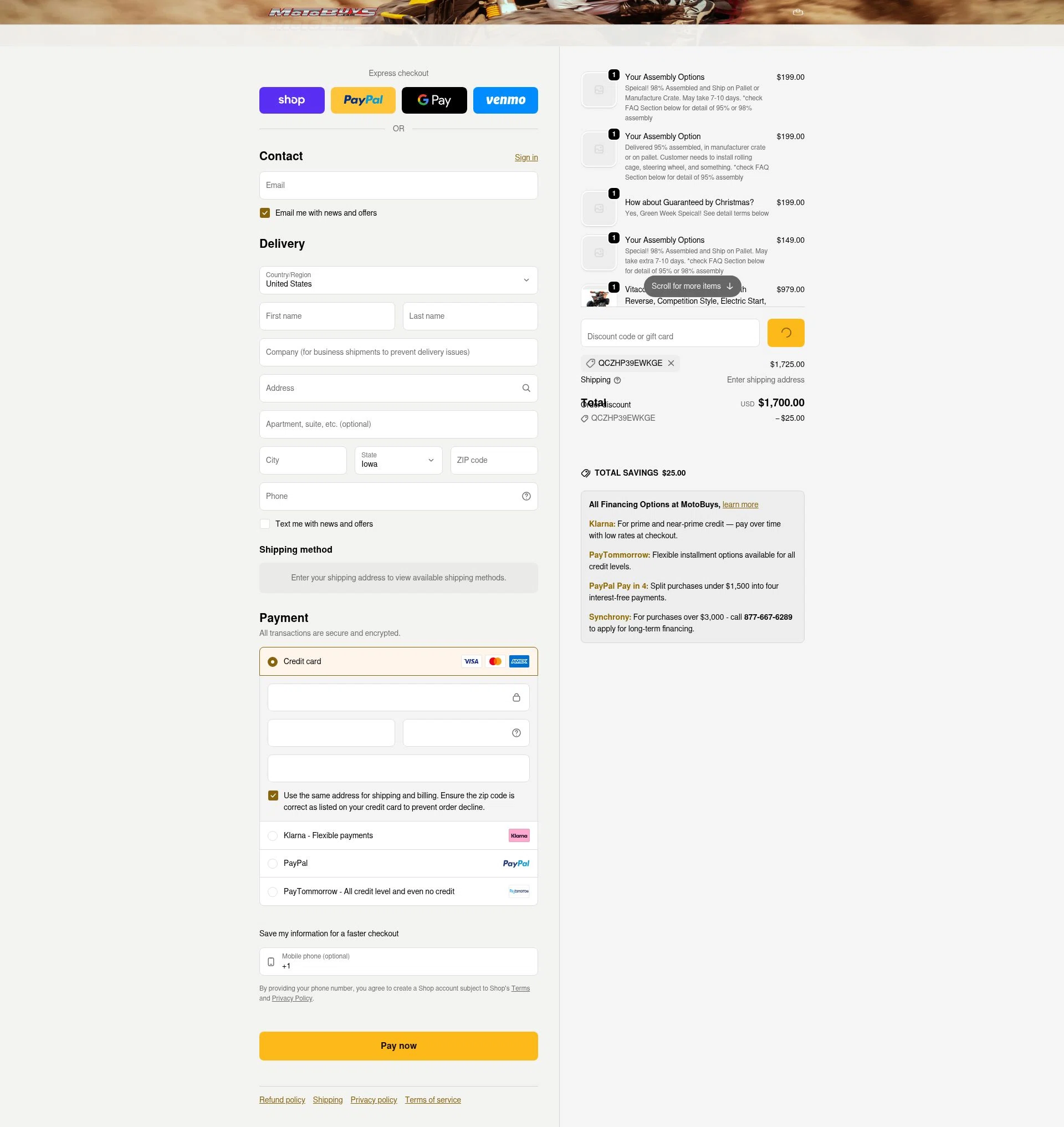 Motobuys checkout page showing Motobuys discount code box | Screenshot taken by SimplyCodes community member on Feb 11, 2026