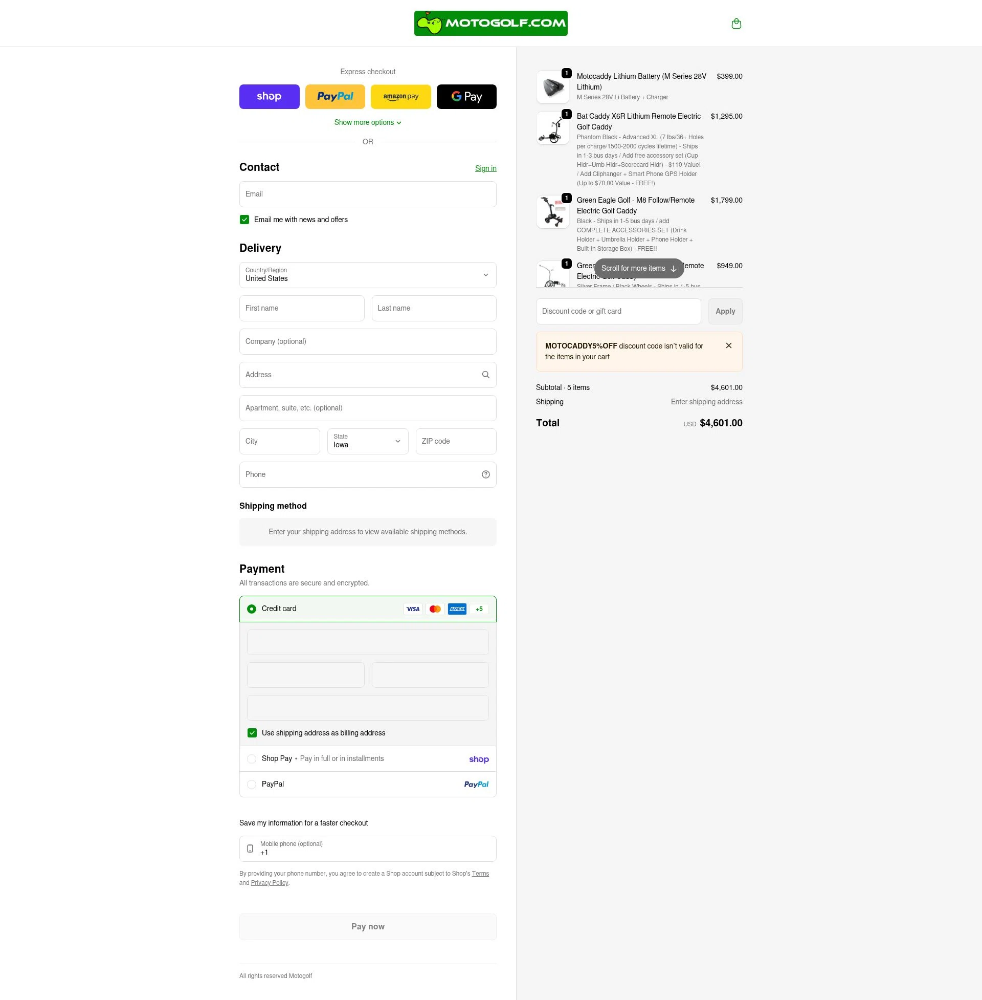 Motogolf checkout page showing Motogolf discount code box | Screenshot taken by SimplyCodes community member on Feb 8, 2026