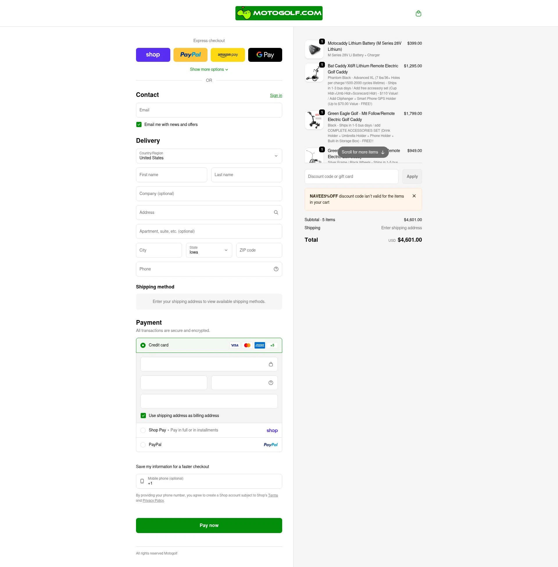 Motogolf checkout page showing Motogolf discount code box | Screenshot taken by SimplyCodes community member on Feb 4, 2026