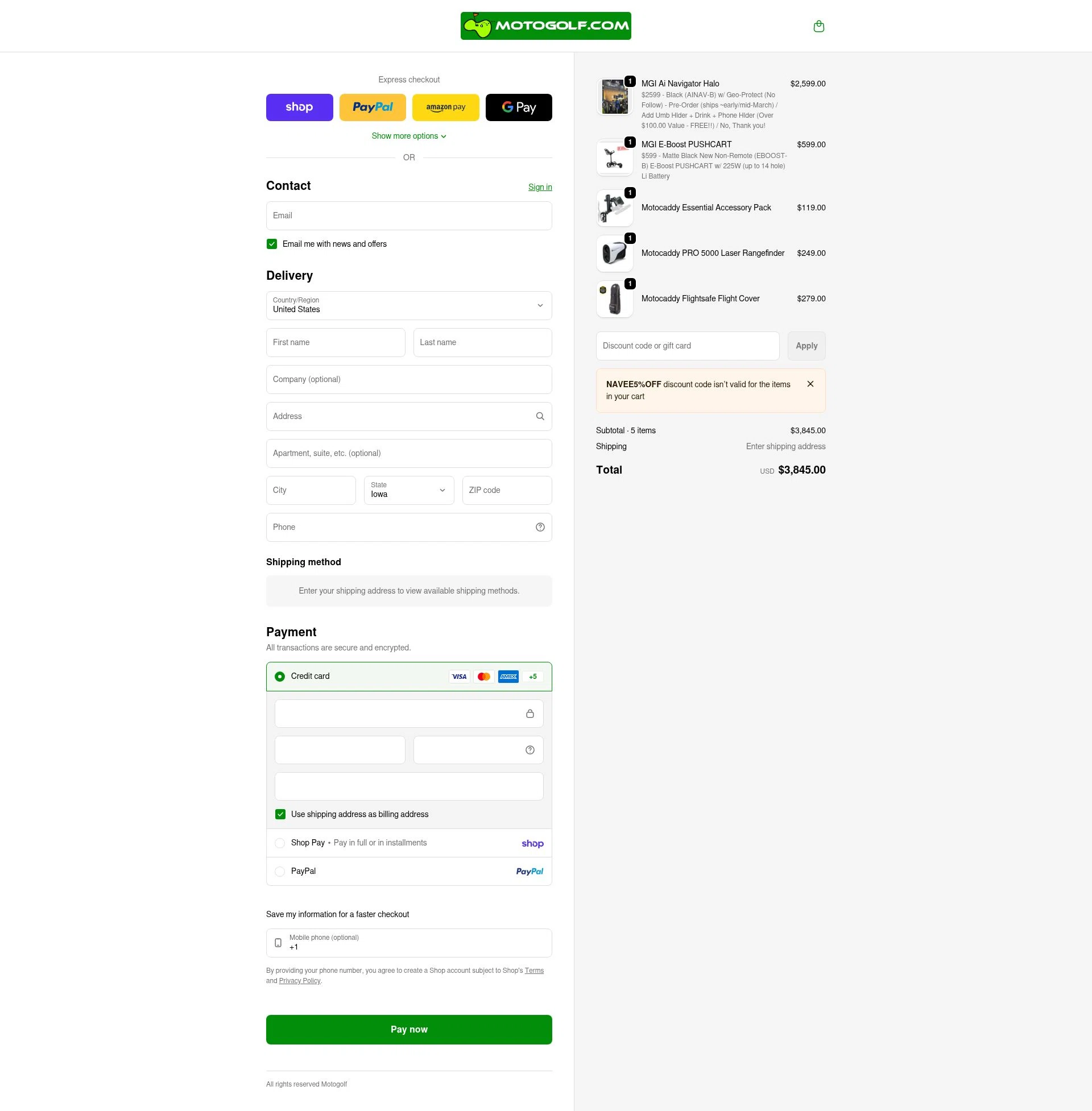 Motogolf checkout page showing Motogolf discount code box | Screenshot taken by SimplyCodes community member on Feb 17, 2026