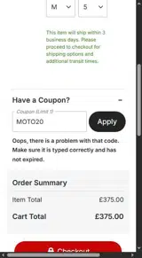 moto20 coupon verification screenshot