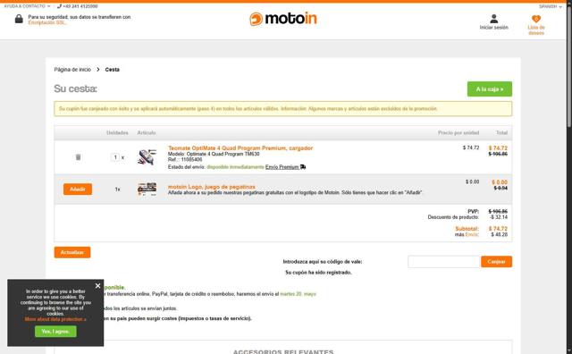 Motoin checkout page showing Motoin discount code box | Screenshot taken by SimplyCodes community member on May 20, 2025