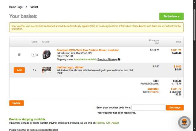 Motoin checkout page showing Motoin discount code box | Screenshot taken by SimplyCodes community member on Aug 12, 2025