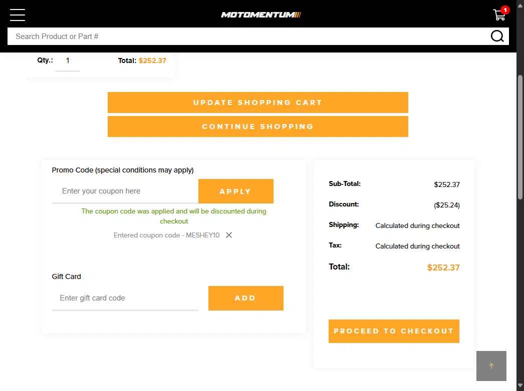 Motomentum checkout page showing Motomentum coupon code box | Screenshot taken by SimplyCodes community member on Jul 17, 2025
