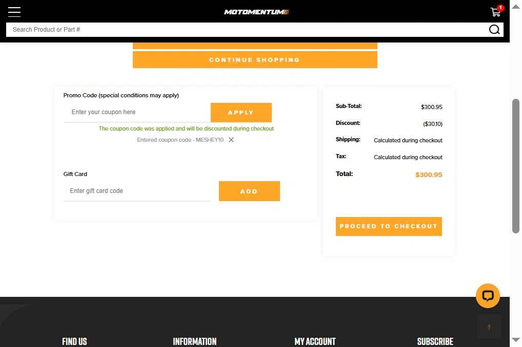 Motomentum checkout page showing Motomentum coupon code box | Screenshot taken by SimplyCodes community member on Aug 19, 2025