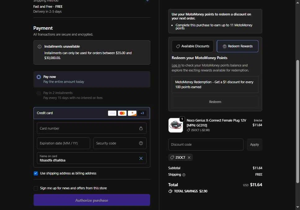 Motomentum checkout page showing Motomentum coupon code box | Screenshot taken by SimplyCodes community member on Oct 16, 2025