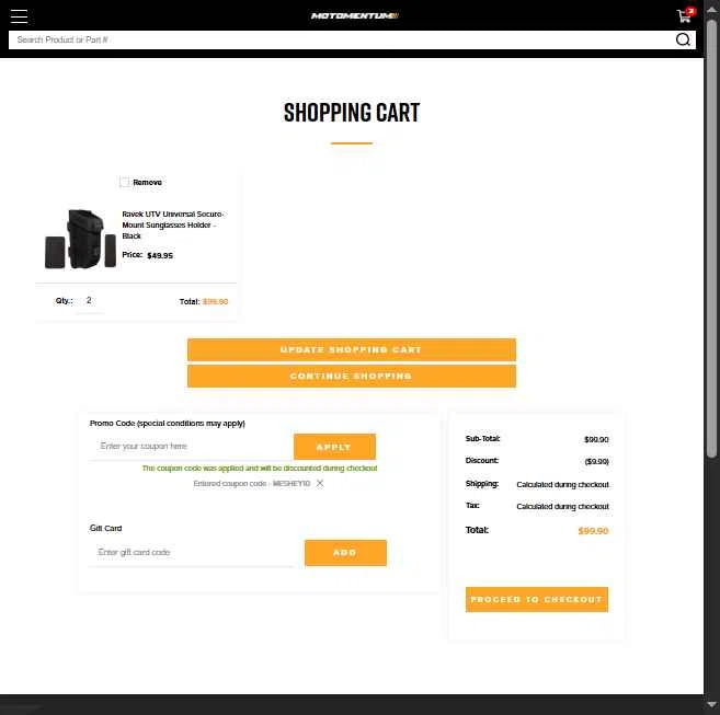 Motomentum checkout page showing Motomentum coupon code box | Screenshot taken by SimplyCodes community member on Jul 17, 2025