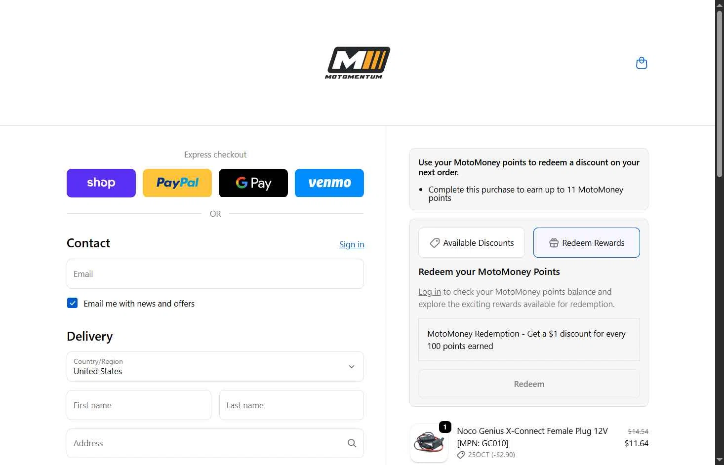 Motomentum checkout page showing Motomentum coupon code box | Screenshot taken by SimplyCodes community member on Oct 16, 2025