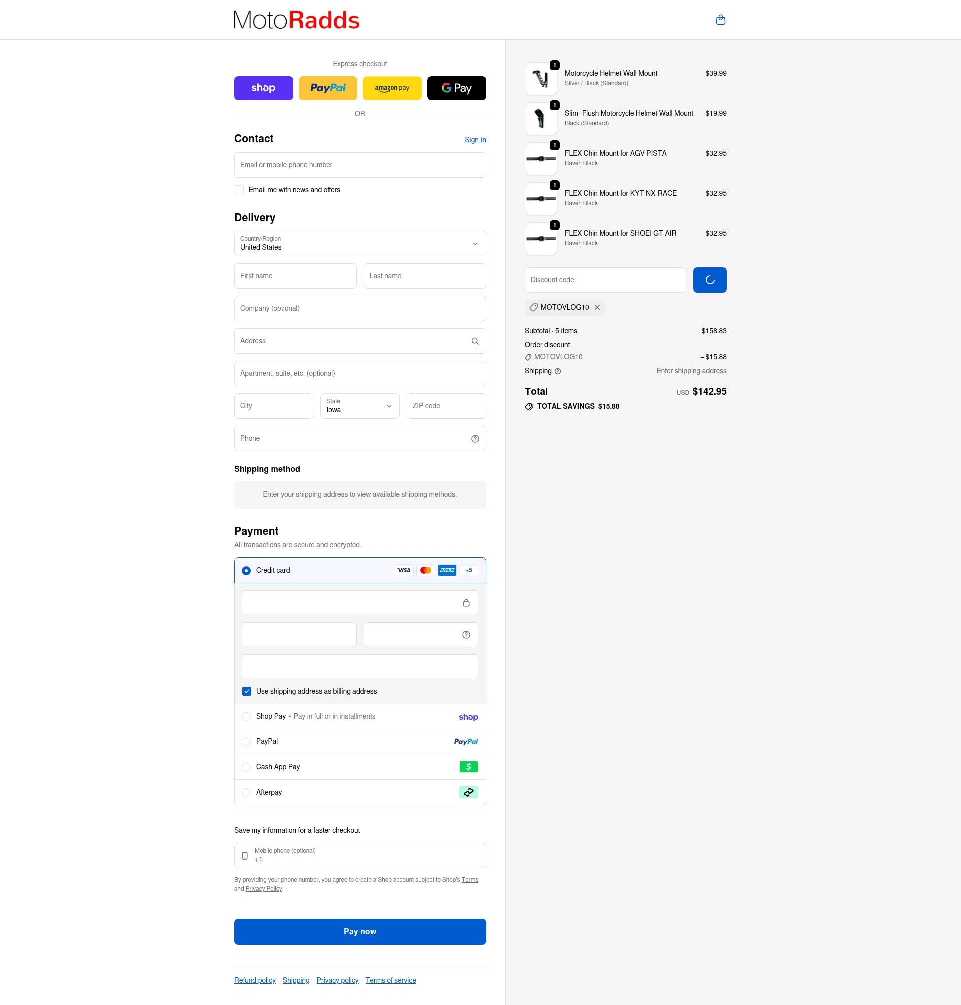 MotoRadds checkout page showing MotoRadds discount code box | Screenshot taken by SimplyCodes community member on Feb 8, 2026